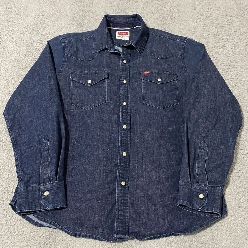 Wrangler Denim Pearl Snap Shirt Mens Medium Blue Dark Pockets Western Cowboy Y2K